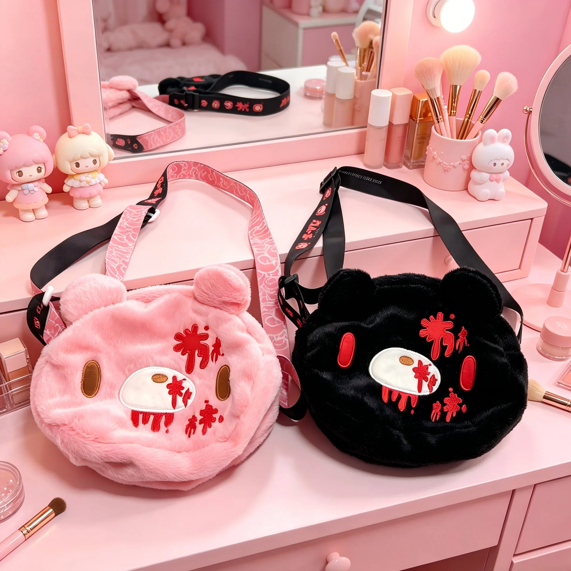 Cute Bear Plush Crossbody Bag Kawaii Gothic Bear Head Shoulder Bag Adjustable Strap Small Purse for Women