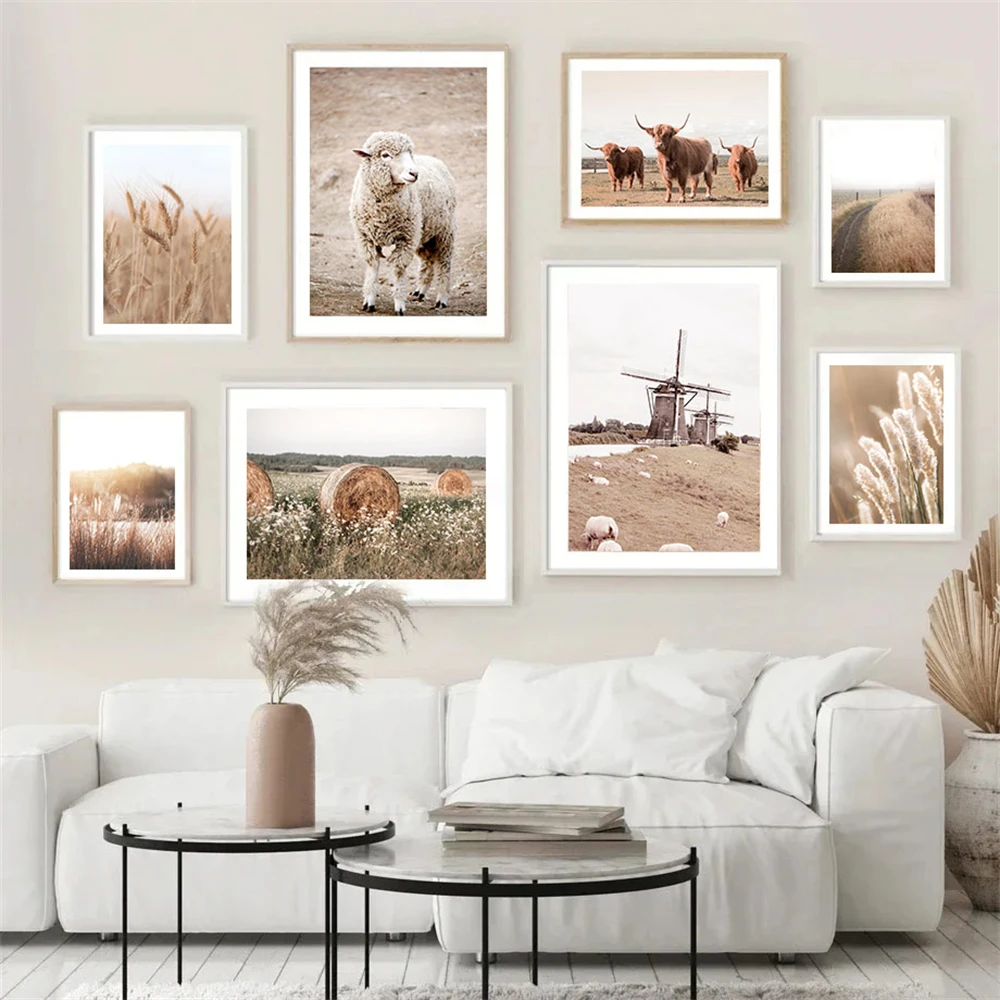 

Highland Cow Sheep Horse Canvas Print Plants Grass Reed Windmill Poster Painting Nordic Wall Art Picture Living Room Home Decor