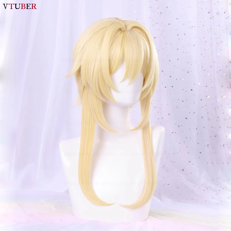 High Quality Traveller Lumine Cosplay Wig Mid Long Blonde Heat Resistant Synthetic Hair Game Anime Genshin Cosplay Wigs + WigCap