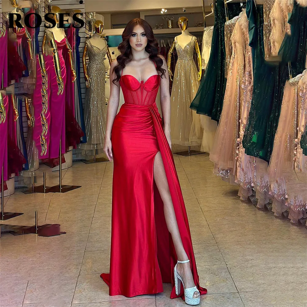 ROSES Red Side Split Charming Prom Dresses Gown Stain Lace Up Back Formal Gowns Spaghetti Strap Evening Gown vestidos de noche