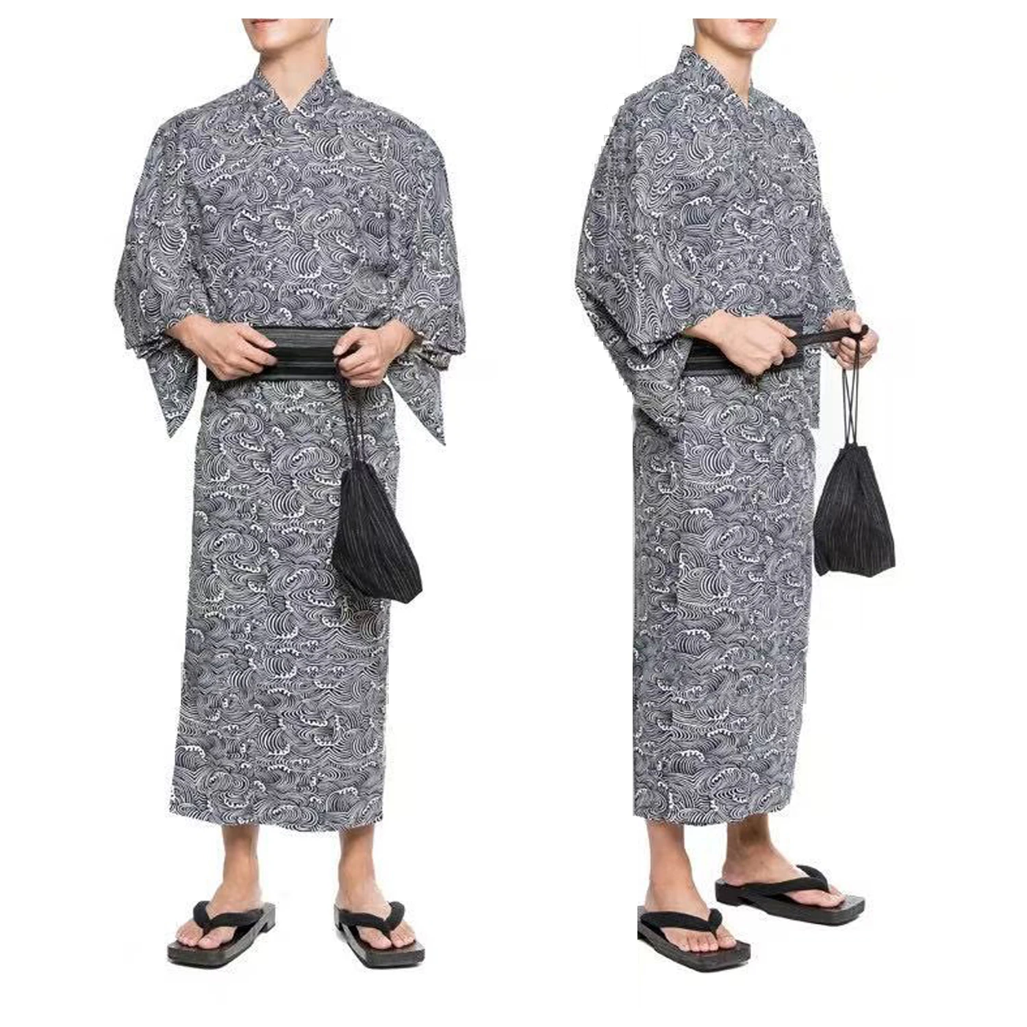 Summer Navy Japanese Traditional Samurai Kimono For Men Yukata Bathing Robe Hekoobi Loose Style Homewear Belt Long Gown Cotton