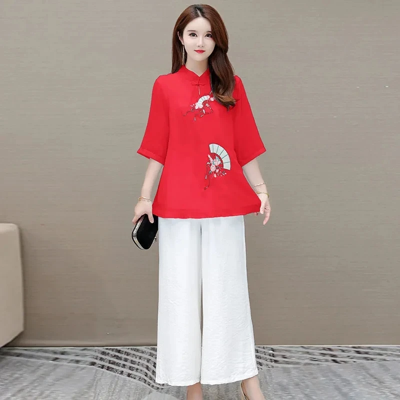 Women's New Chinese Style Two-piece Women's Spring Summer 2024 New Embroidered Short-Sleeved Shirt Elegant Wide-Leg Pants  Suit