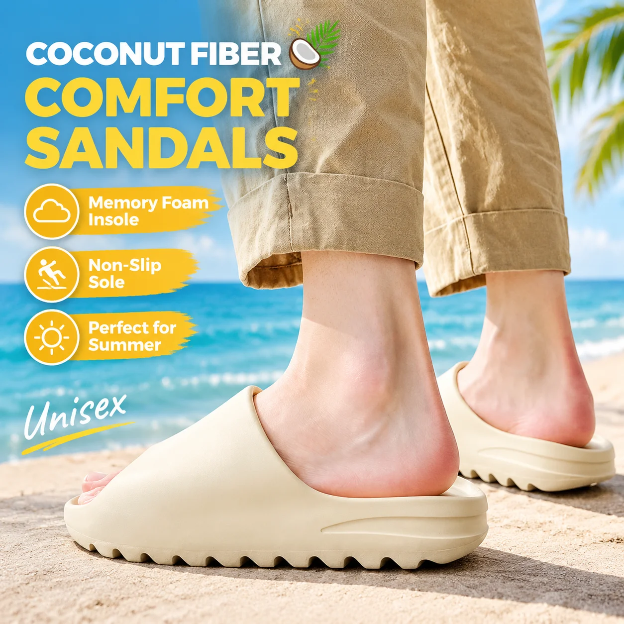 Coconut Fiber Comfort Sandals Memory Foam Insole Non-Slip Sole Summer Beach Slides Thick Cushioned Unisex