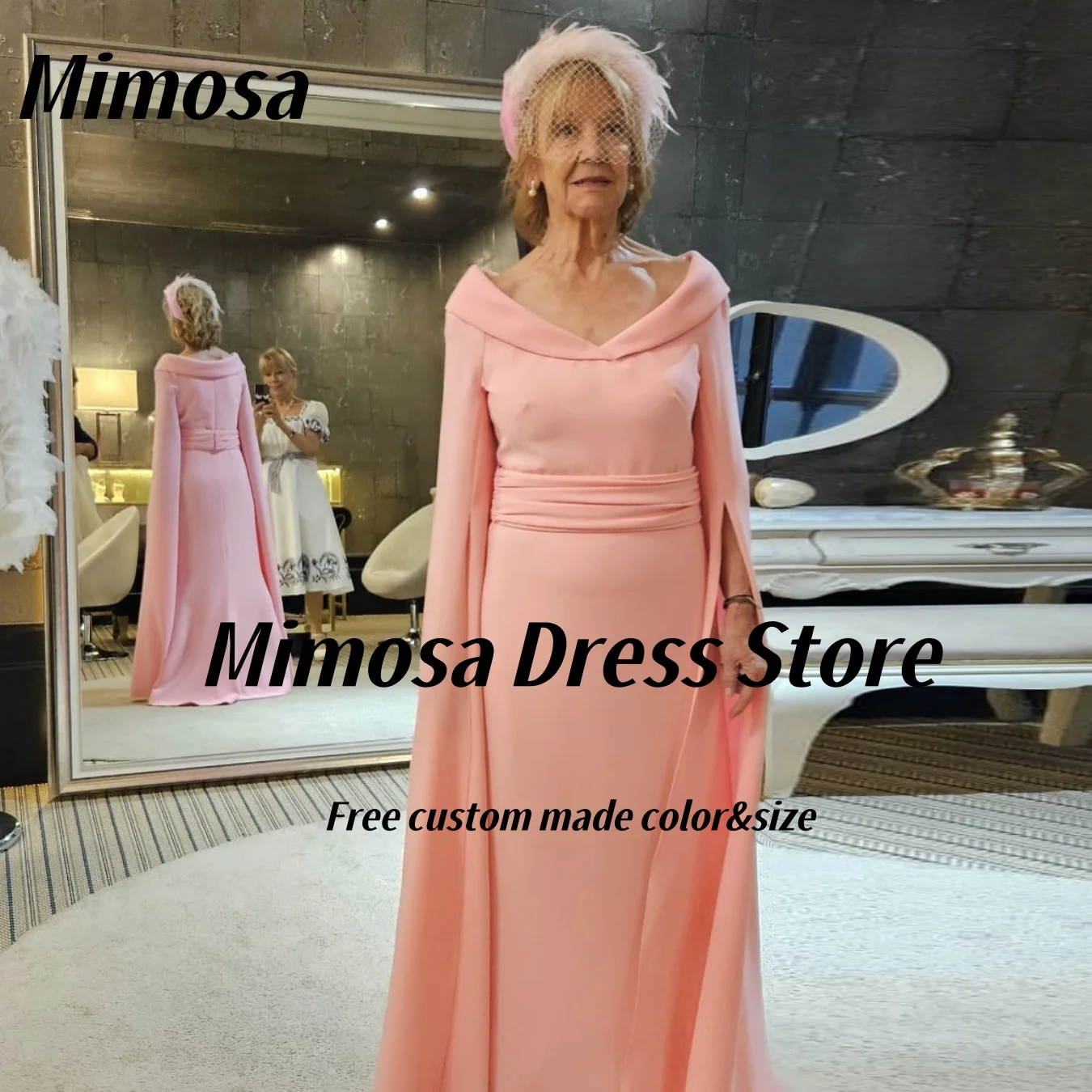 

Mimosa Prom Dresses Lapel V Neck Mother of the Bride Dress for Weddings Zipper Back Long Sleeves Evening Party Gowns Customized