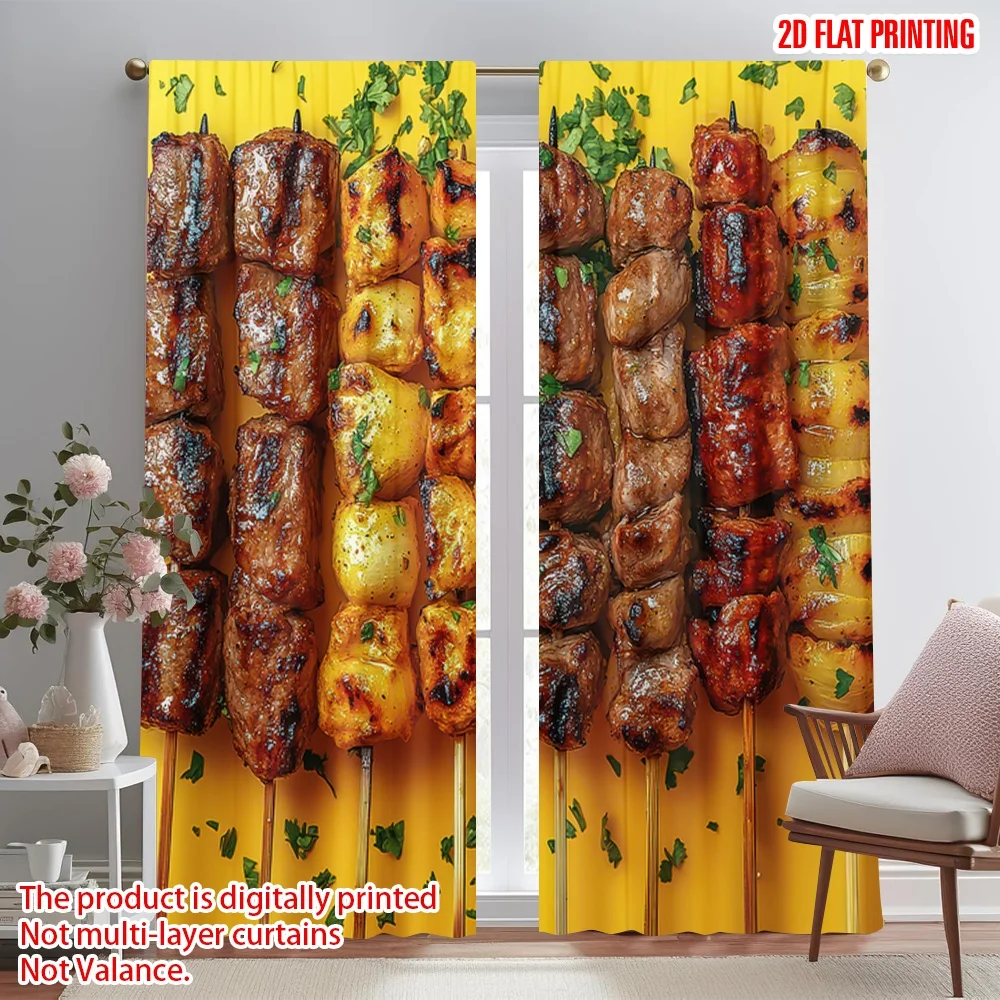 

2D flat printing 2pcs Window Treatment Curtains BBQ Skewers with Vegetables Digital Printed Polyester Drapes Birthday Party Use