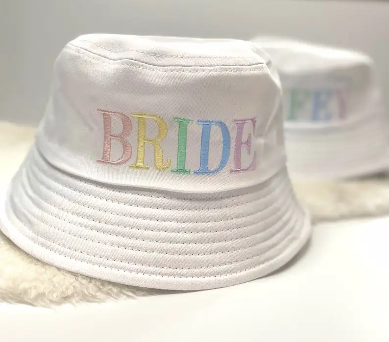 

Bride Bucket Hat Custom Wifey Fisherman Cap Party Headwear with Multicolor Embroidery Bride Wifey Themed Accessory for Wedding