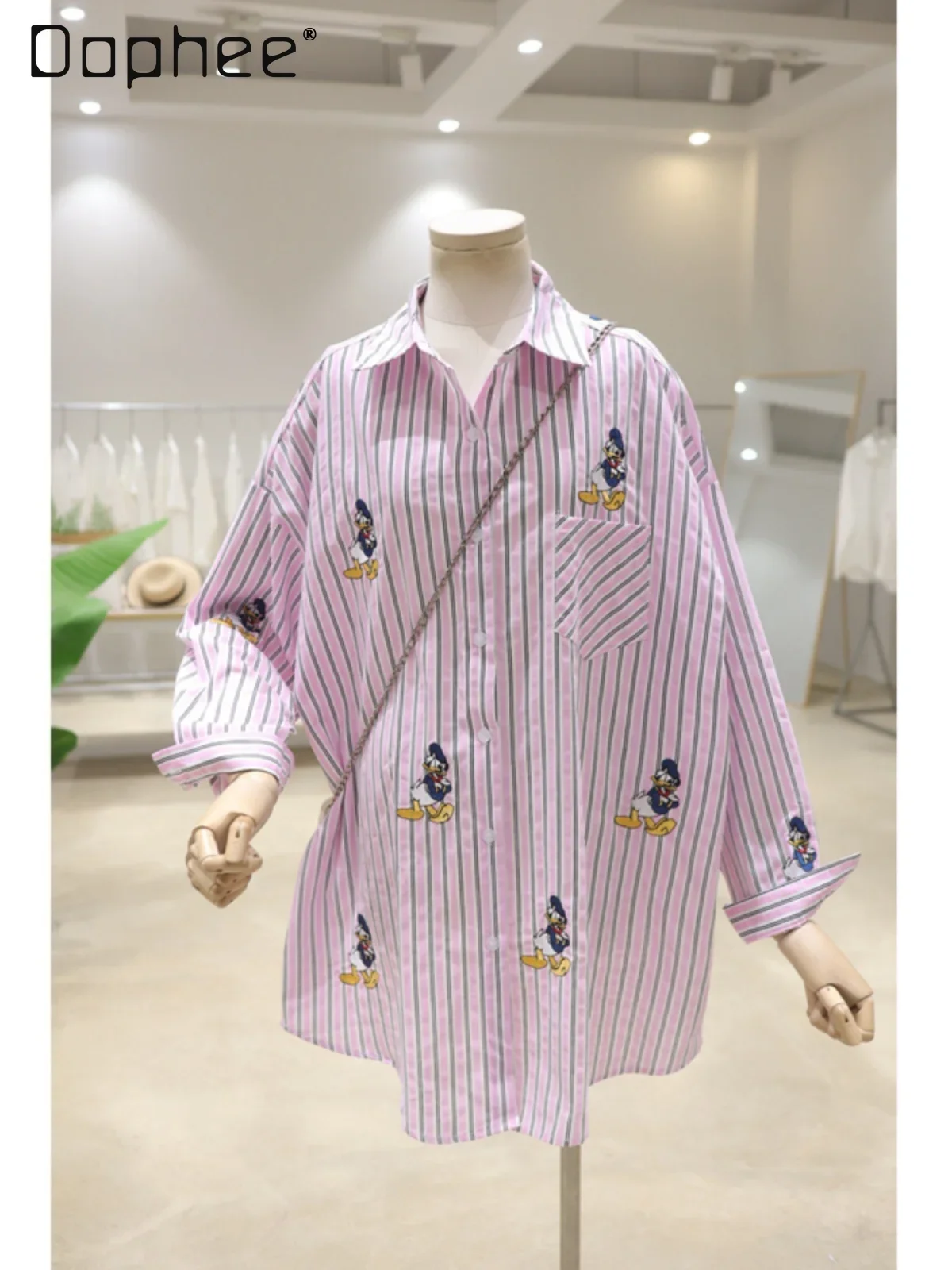 Fresh and Comfortable Duck Cartoon Embroidered Long-Sleeved Cotton Shirt for Women 2024 Spring Loose Mid-Length Striped Tops