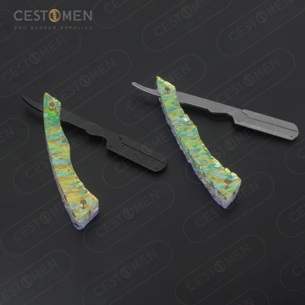 CestoMen Colorful Stylish Barber Straight Edge Single Blade Changeable Color Acrylic Handle Crystal Hair Razor For Women Men