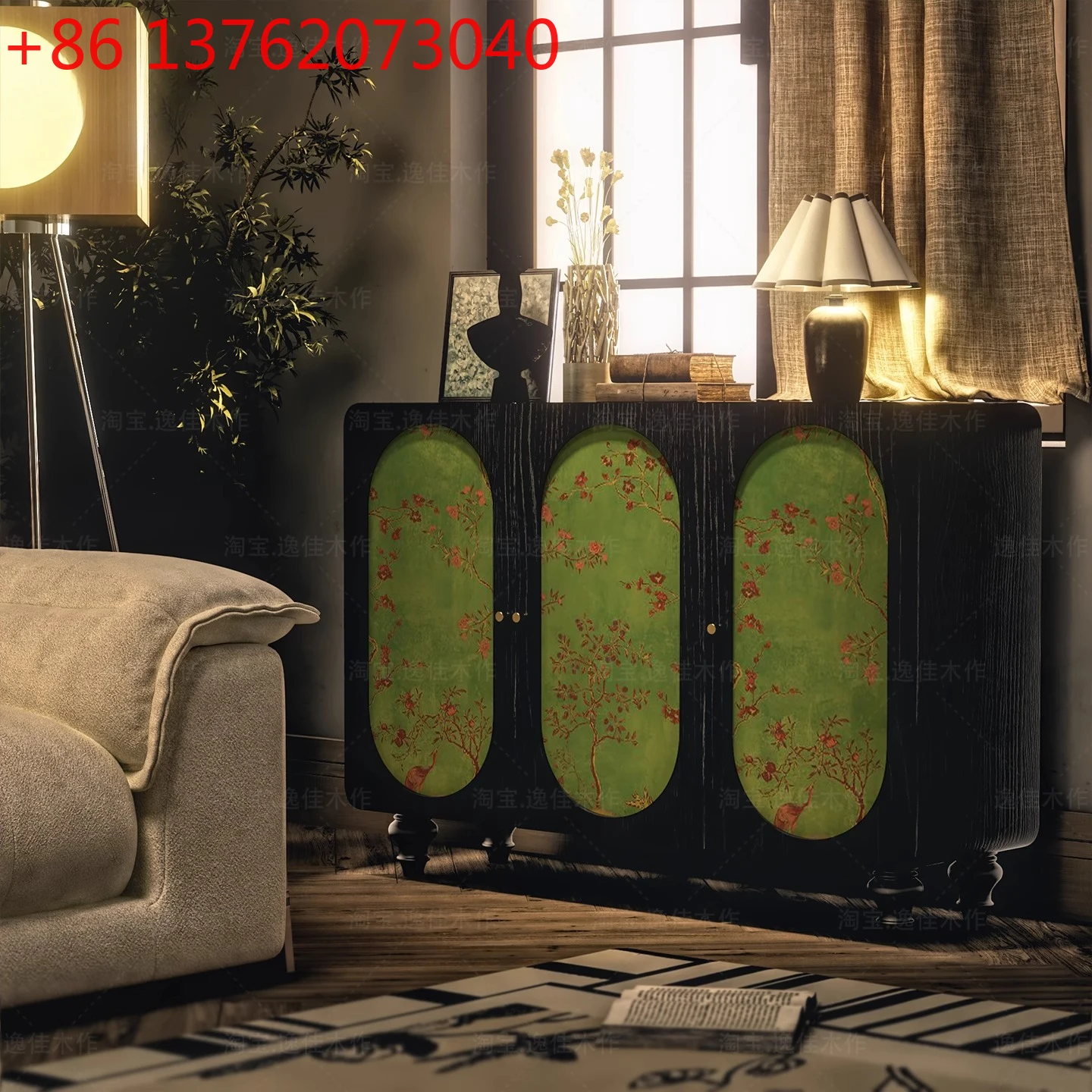 

Chinese style flower and bird dining side cabinet solid wood bedroom living room entrance cabinet sofa side against the wall