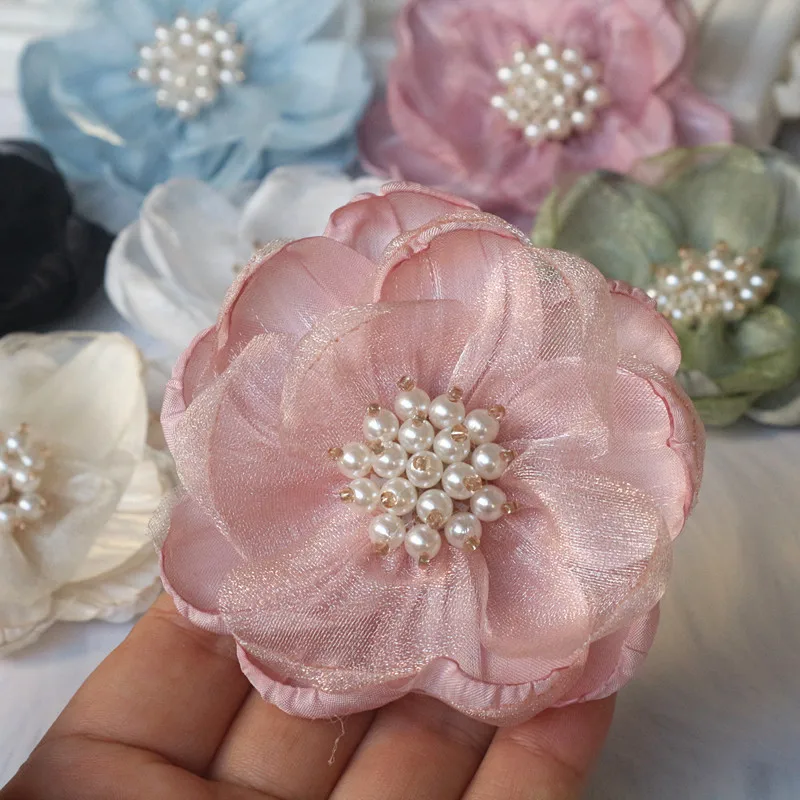 5Pcs 7.5CM Organza Chiffon Fabric Flower Beads Center Handmade DIY Artificial Flower Headwear Dress Hairpin Shoes Decor