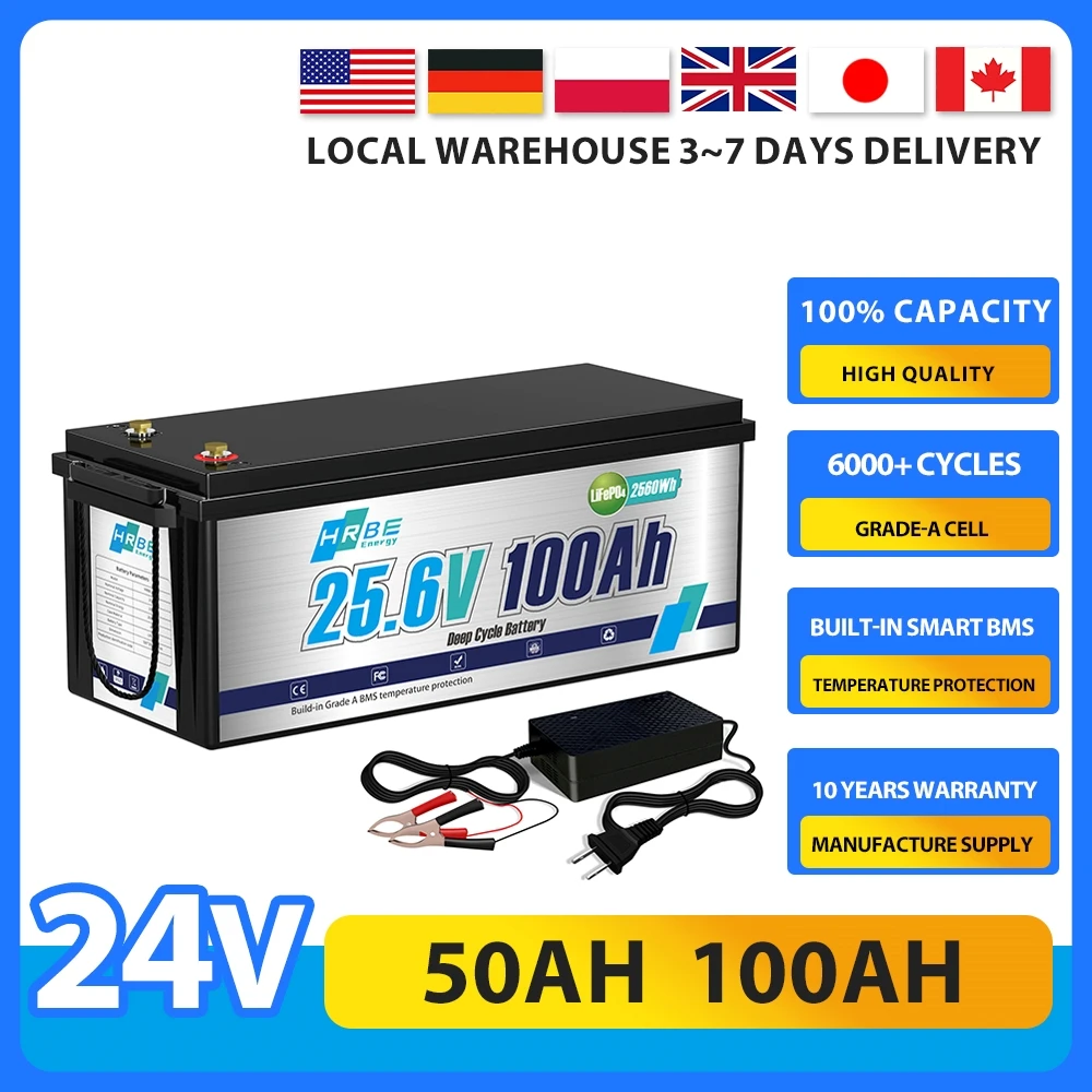 24V 100Ah LiFePO4 Lithium Battery,Max.2560W Power Output, Built in 100A BMS,10-Year Lifetime,for Marine,Trolling Motor,Off-Grid