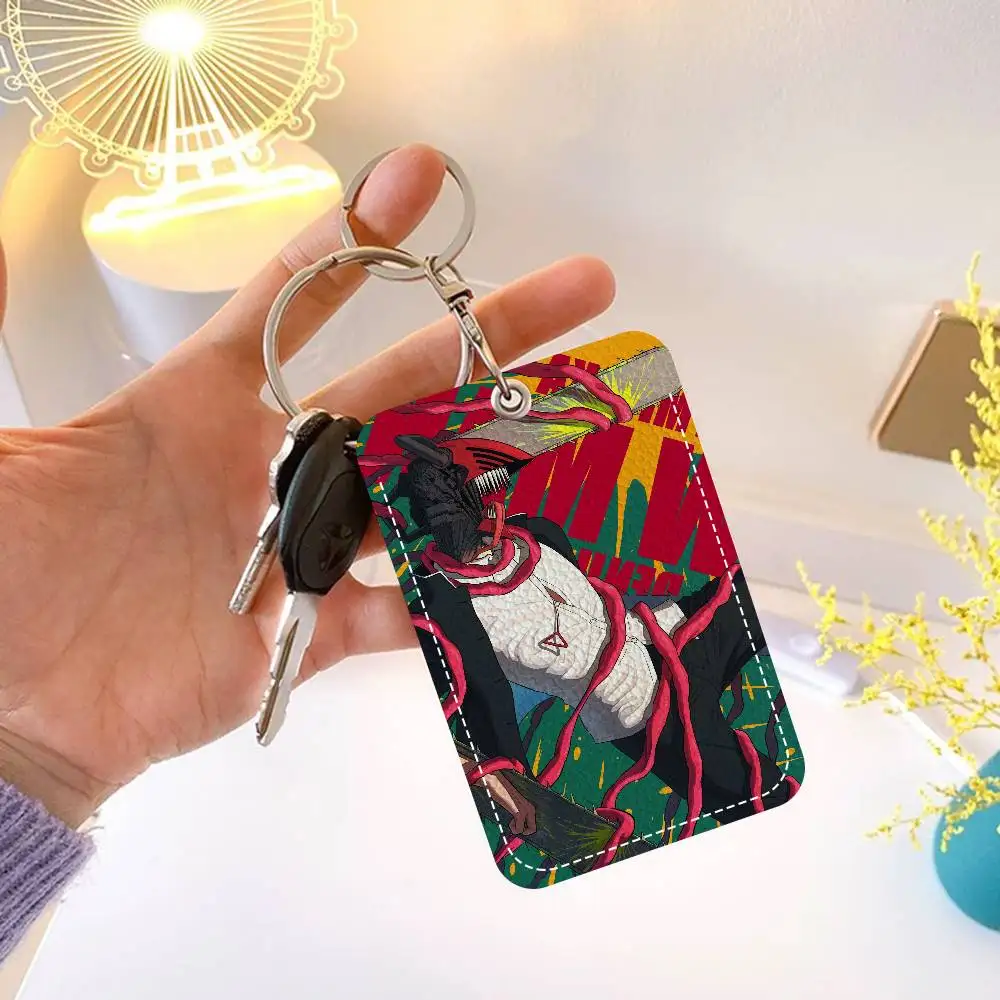 Anime Chainsaw Man Rectangle ID Card Case Keychain Access Card Bag Key Tag Ring Leather Card Holder Key Ring Access