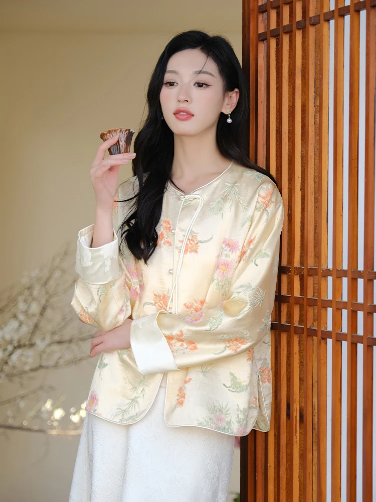 Zijde lente zomer originele Sle Chinese New School dames Jaet high-end gekreukelde geplooide top met knopen Tang-kostuum