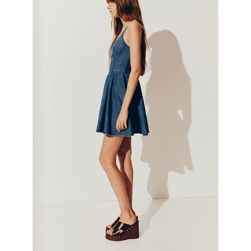 Estate delle nuove donne semplice quadrato basso-ne ampia tracolla svasata orlo denim Dr casual a vita alta A-line ort Svel