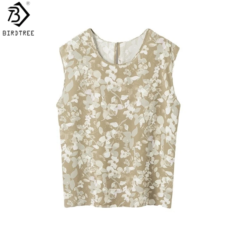 

Birdtree,100% Real Silk Floral Print Tank Tops,Sleeveless Basics O-neck Vest,Women's Double Crepe Tops,2026 Spring New T61536JF