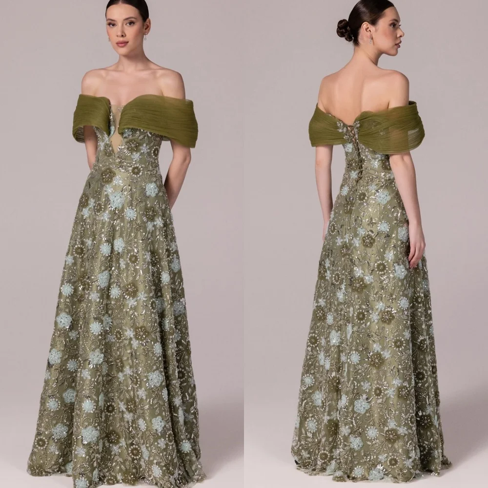 

Customized Exquisite Green Organza Homecoming Dress Delicate Strapless Off the Shoulder Appliques Zipper Back Robe de soirée