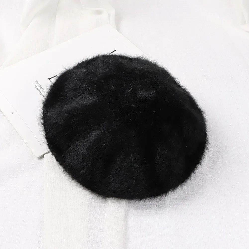 Elegant Solid Color Faux Mink Beret Soft Flat Top Pumpkin Painter Cap Thermal Furry Plush Octagonal Cap Autumn 3