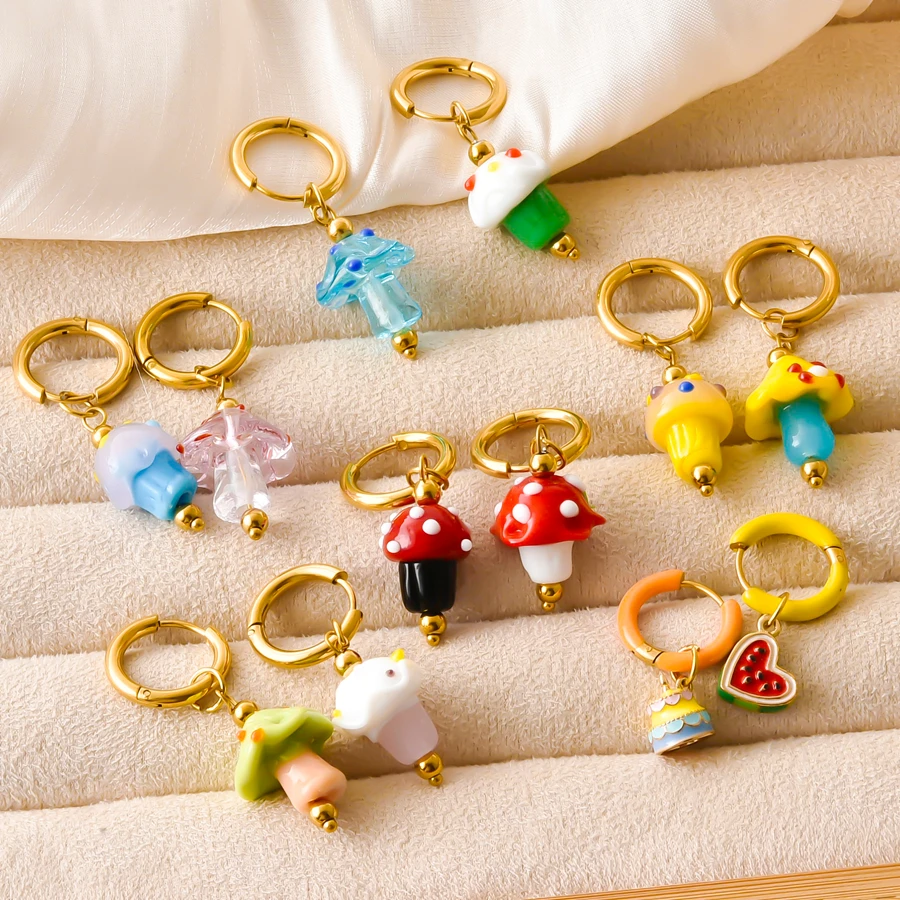 1Pair Dopamine Glass Glaze Sweet Cake Huggies Hoop Earrings Korean Colorful Polka Dots Mushroom Women Ear Buckle Aretes Jewelry