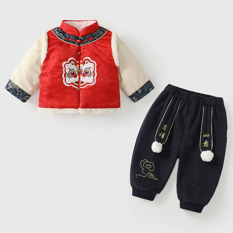 2Piece Winter Boys Chinese Traditional Clothes Kids New Year Outfit Cartoon Embroidery Red Tops+Pants Baby Newborn Items B188