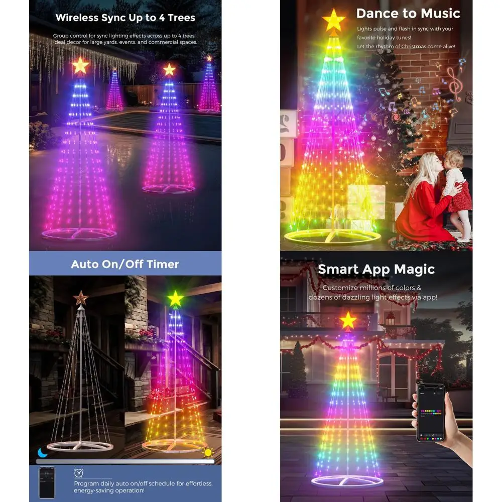 

8ft RGB LED Christmas Cone Tree, Color-Changing, Music Sync, Timer, Group Control, Outdoor/Indoor Decoration