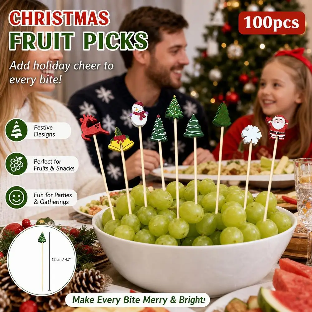 100PCS Christmas Fruit Skewer Santa Claus Disposable Buffet Food Toothpicks Cupcake Topper Xmas New Year Party Decoration