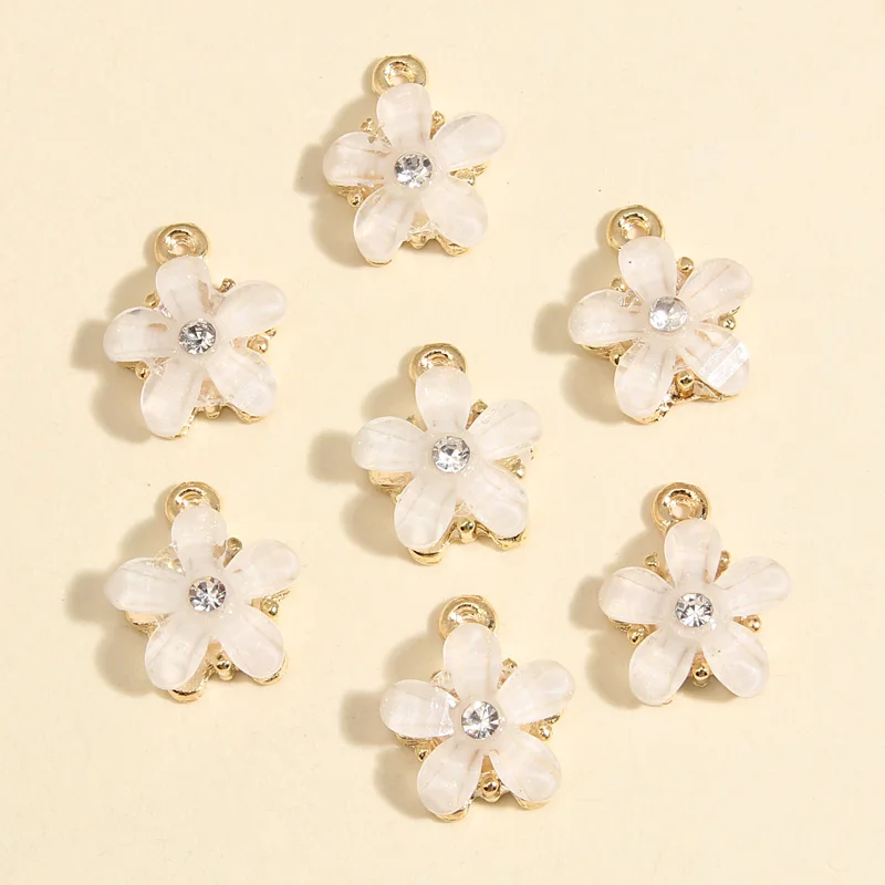 10pcs Gold Color 15x12.5mm Lovely Small Flower Crystal Charms Plant Enamel Pendant Fit Handmade Jewelry Making Finding Supplies