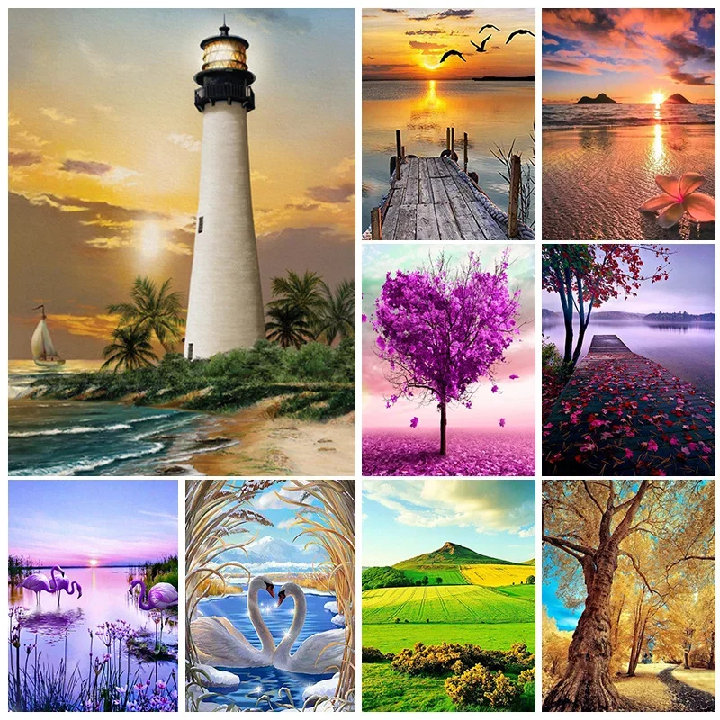 

Landscape DIY 5D Diamond Painting Kits Full Drill Lighthouse Lake View Mountain Diamond Mosaic Rhinestone Embroidery Home Decor