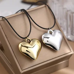 Goth Black Leather Braid Wax Cord Short Chain Necklace for Women Simple Love Heart Pendant Choker Halloween Jewelry Accessories