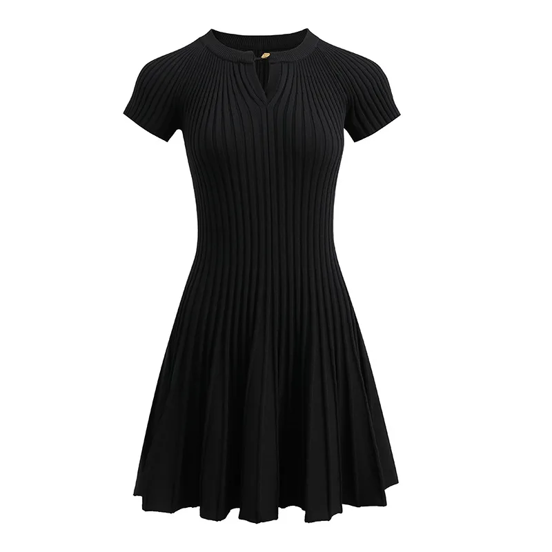 Women High Quality Round Neck Openwork Short Sleeve Knit Pleated Dress Black White Red Simple Sweet French Lady Short Dress