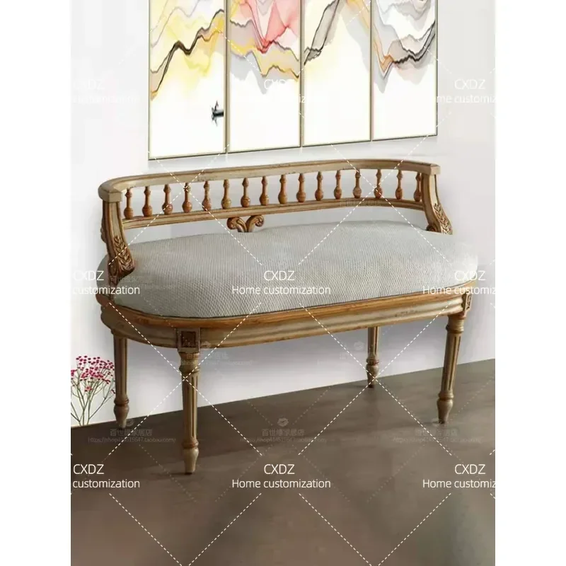 Country Retro Double Sofa Solid Wood Carved Floral Leisure Couch Hollow Back Villa Living Room Furniture