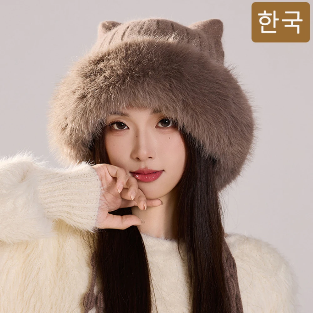 

HT4916 New Thick Warm Winter Hats for Women Cute Ears Fluffy Fur Hat Ladies Knitted Beanie Hat Female Windproof Ski Earflap Cap