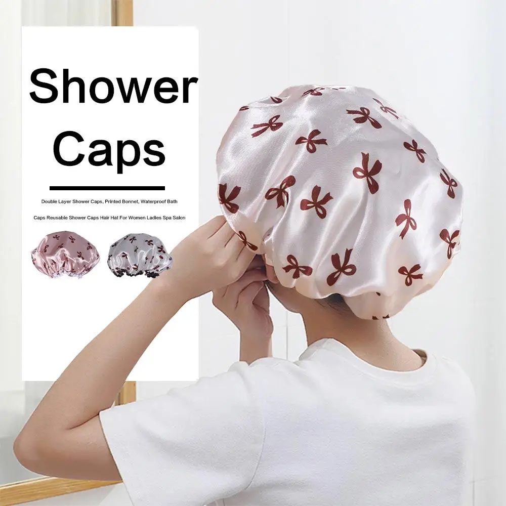 

Waterproof Double Layer Shower Caps Anti-Fouling Reusable Hair Hat Thickened Elegant Bow Pattern Design Bath Caps Adults