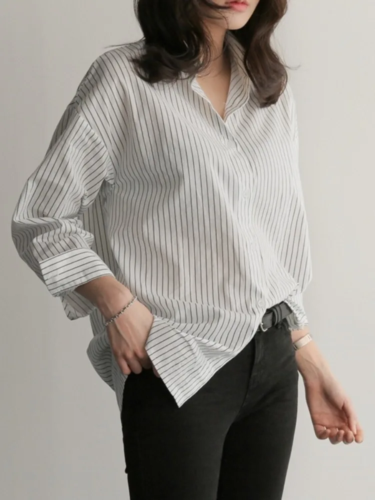 Coréen Sle ample longue Sve rayé irt femmes monocouche vêtements intérieurs automne printemps Faionable blanc irt