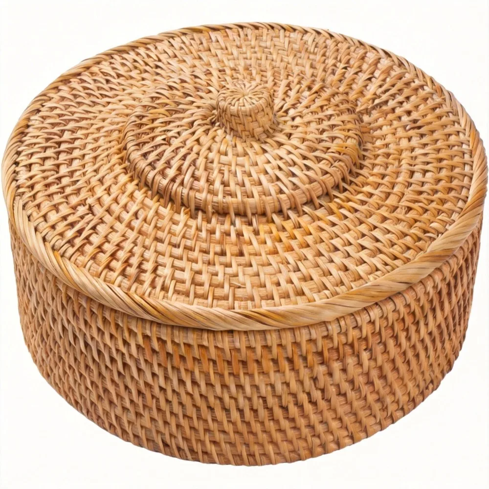 

Rattan Storage Basket with Lid, Natural Wicker Woven Box for Organizing, Lidded Storage Bin for Shelf Table Home Decor