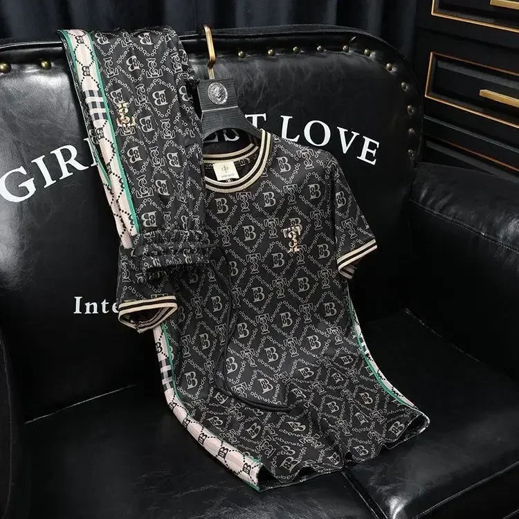 Trendy printed short sleeved sports suit men's summer set men's high-end handsome casual suit