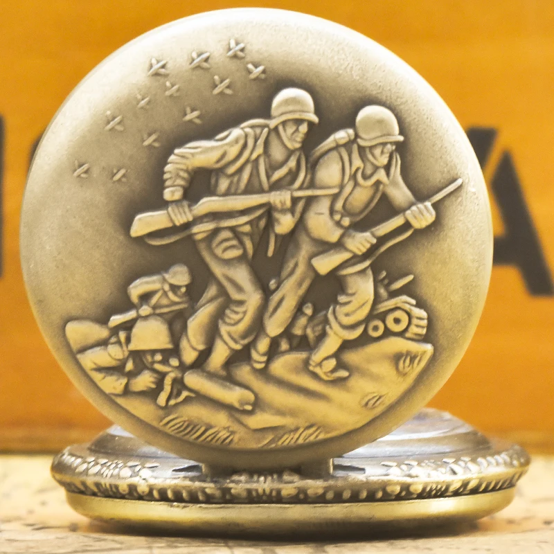 Jam Saku Peringatan Seri Kalung Kuarsa Flip-Back Tentara Steampunk Perunggu Retro untuk Siswa Pria dan Wanita