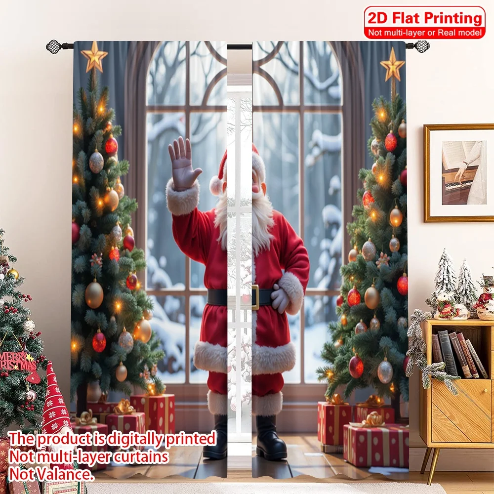 

2pcs 2D flat printing Christmas Window Drapes Santa Claus Christmas Snow Polyester Without Electricity Party & Holiday Decor for