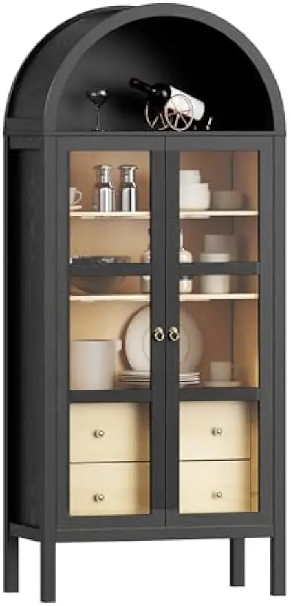 

72" Tall Auto Sensor Light Arch Storage Cabinet with Height Adjustable Shelf and 2 Drawers Display Bookshelf in Black