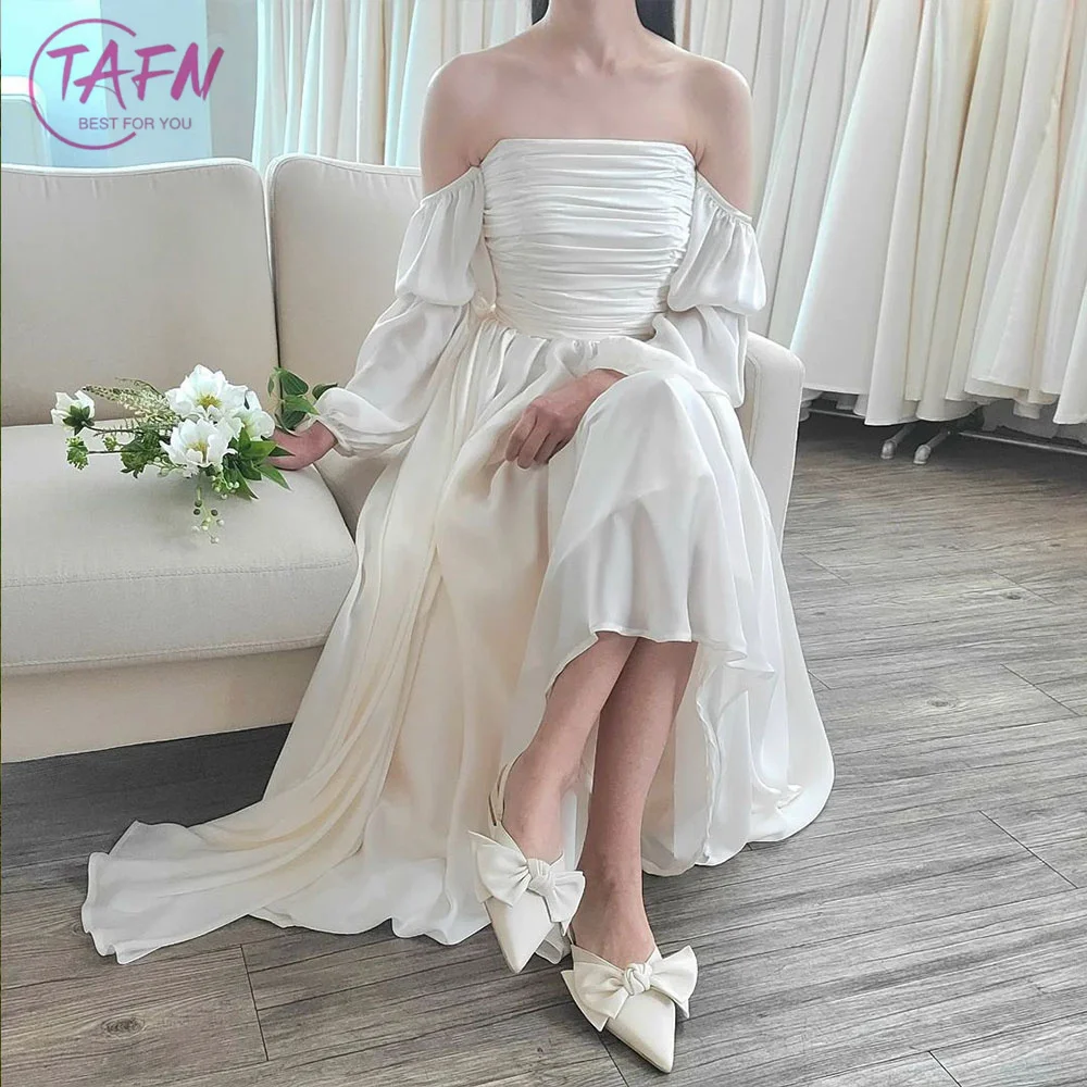 TAFN Korea Wedding Reception Dresses Elegant A-line Off the Shoulder Long Sleeves Bridal Gowns Photo Shoot Dress for Bride