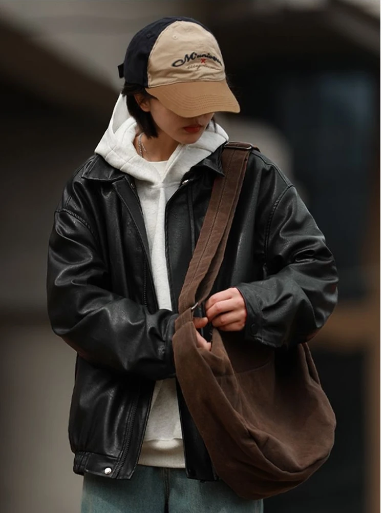 Cool Leather Jacket Women's Stylish Vintage Brown Biker Coat Spring Autumn Winter Fashionable Outerwear Standard Fit Sweet Style