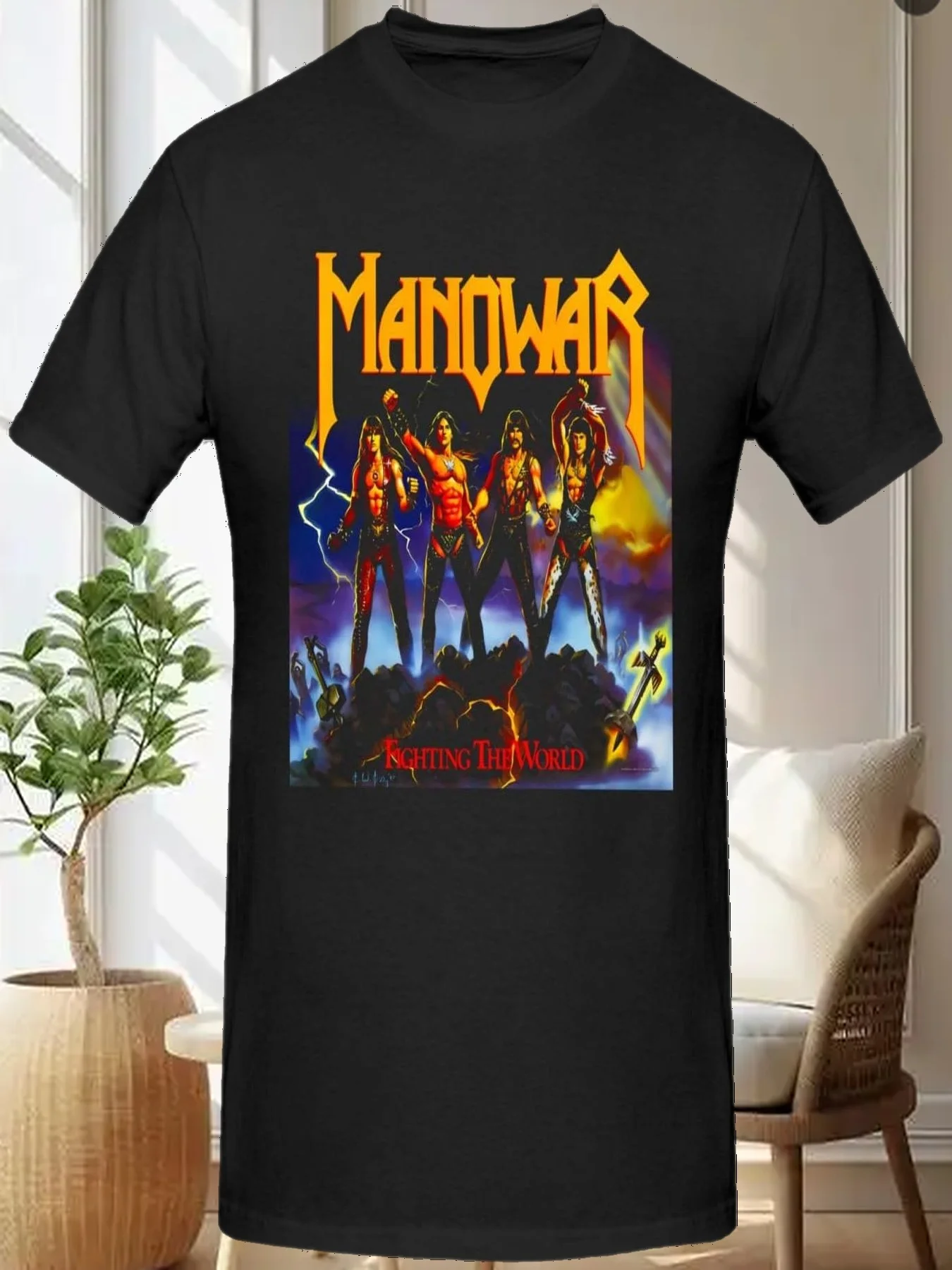 

Мужские рубашки Manowars Band Футболки с короткими рукавами Классические хлопковые футболки Топ Черный X-Large