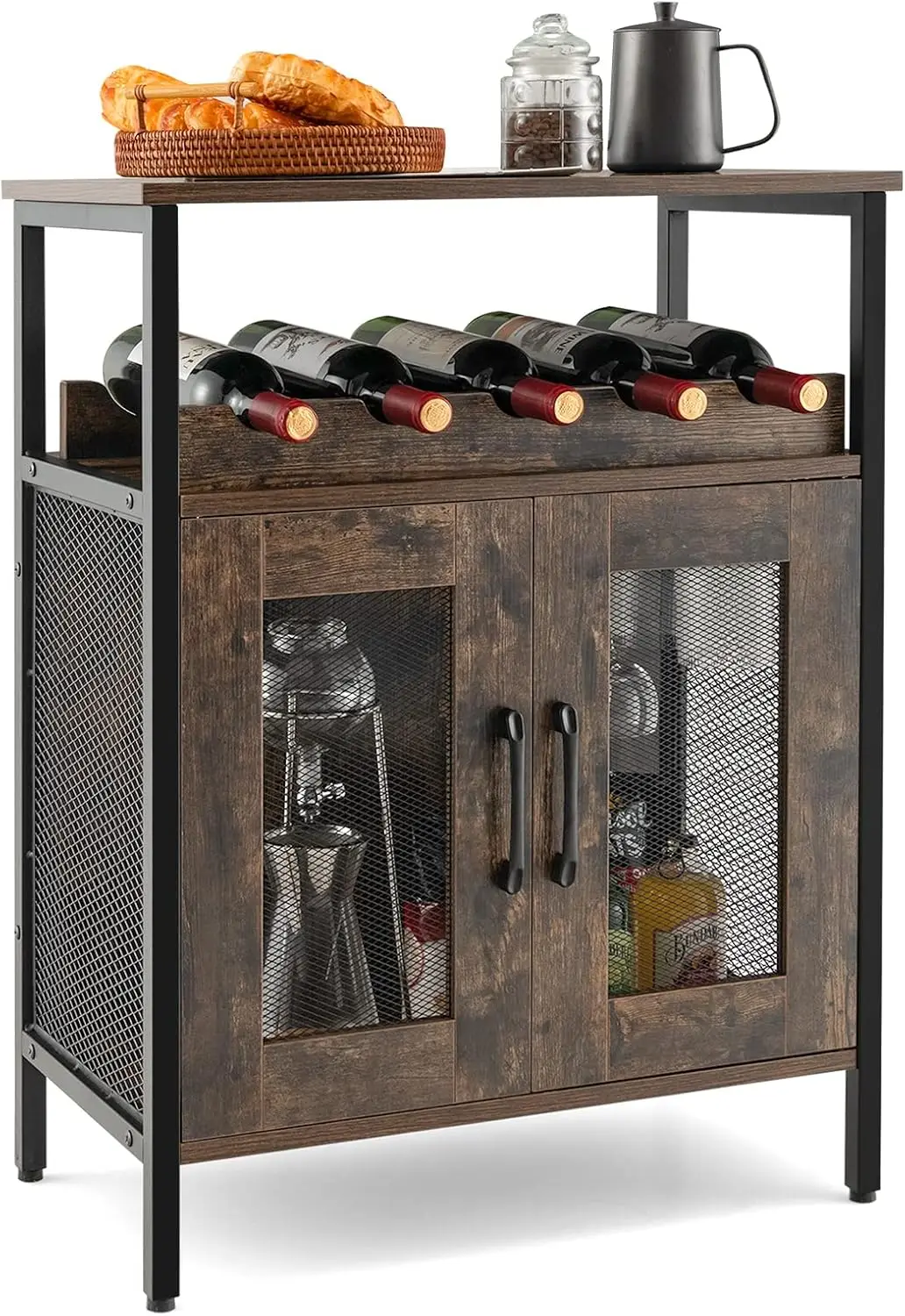 

Industrial Liquor Cabinet With Glass Holder, Removable Wine Rack, Metal Mesh 2 Doors, Small Buffet Sideboard, Wine Table For