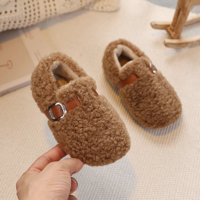 

Children Shoes 2025 Winter Fashion Soft Soled Kids Non-slip Shoes Indoor Plush Furry Girls Lamb Fleece Warm Cotton Slippers