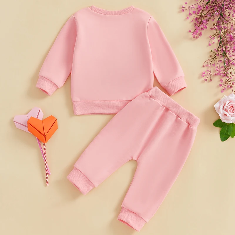 Conjuntos de San Valentín para niñas pequeñas, sudadera de manga larga con bordado de letras y pantalones elásticos, conjunto de ropa bonita para bebés