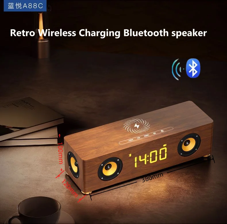 

Retro Wooden Bluetooth 5.3 Speaker Computer Desktop LED Alarm Clock with Mobile Phone Wireless Charging TFCard /AUX/ Soundbox