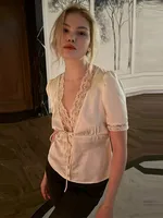 Chic Lace Women 's Shirts Elegant V-neck Tie Up Single Breasted Tops Female 2025 Summer Autumn Fashion Lady High Street Blouse - Image 4