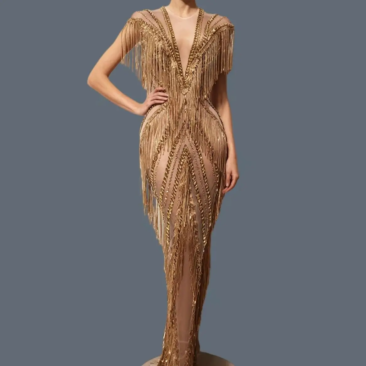 

High-end Sequins Tassel Prom Evening Gown Women Celebrate See Through Mesh Crystals Sparkly Long Dress Club Party Outfit Shexian