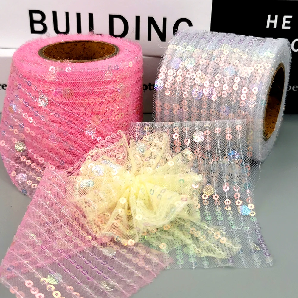 6cm 10yards Sequin Tulle Ribbon With Stirpes Circle Dot Paillette Embroidered Fabric Film DIY Hair Bows Dance Costum Dress  Trim