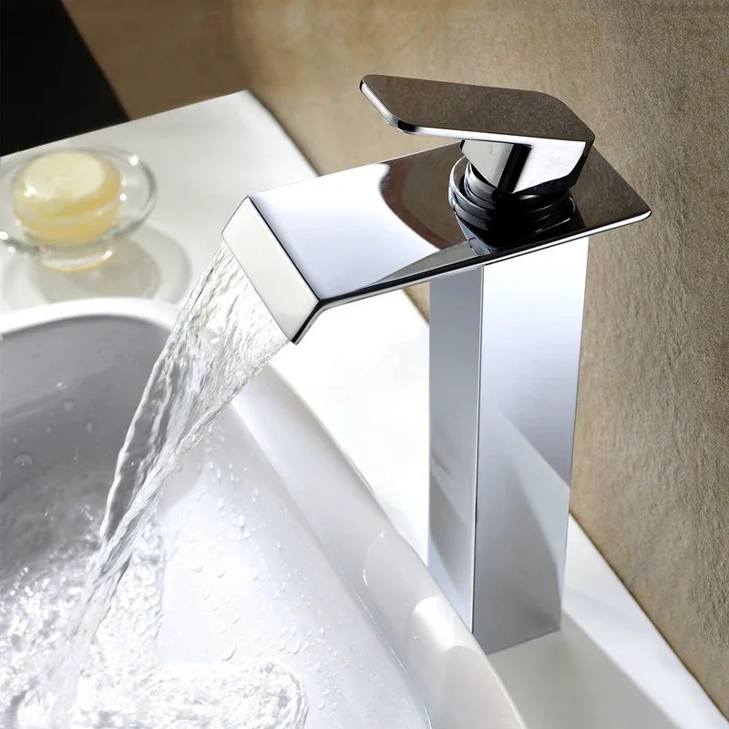 Square Bathroom Basin Faucet Copper Waterfall Sink Tap Wide Spout Vessel Sink Tap Cold Hot Water Mixer Tap Crane Single Handle