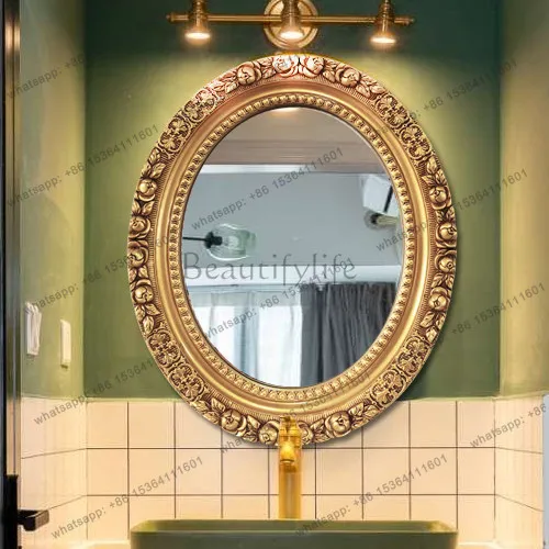 European oval bathroom mirror carved decoration dressing bathroom hanging mirror